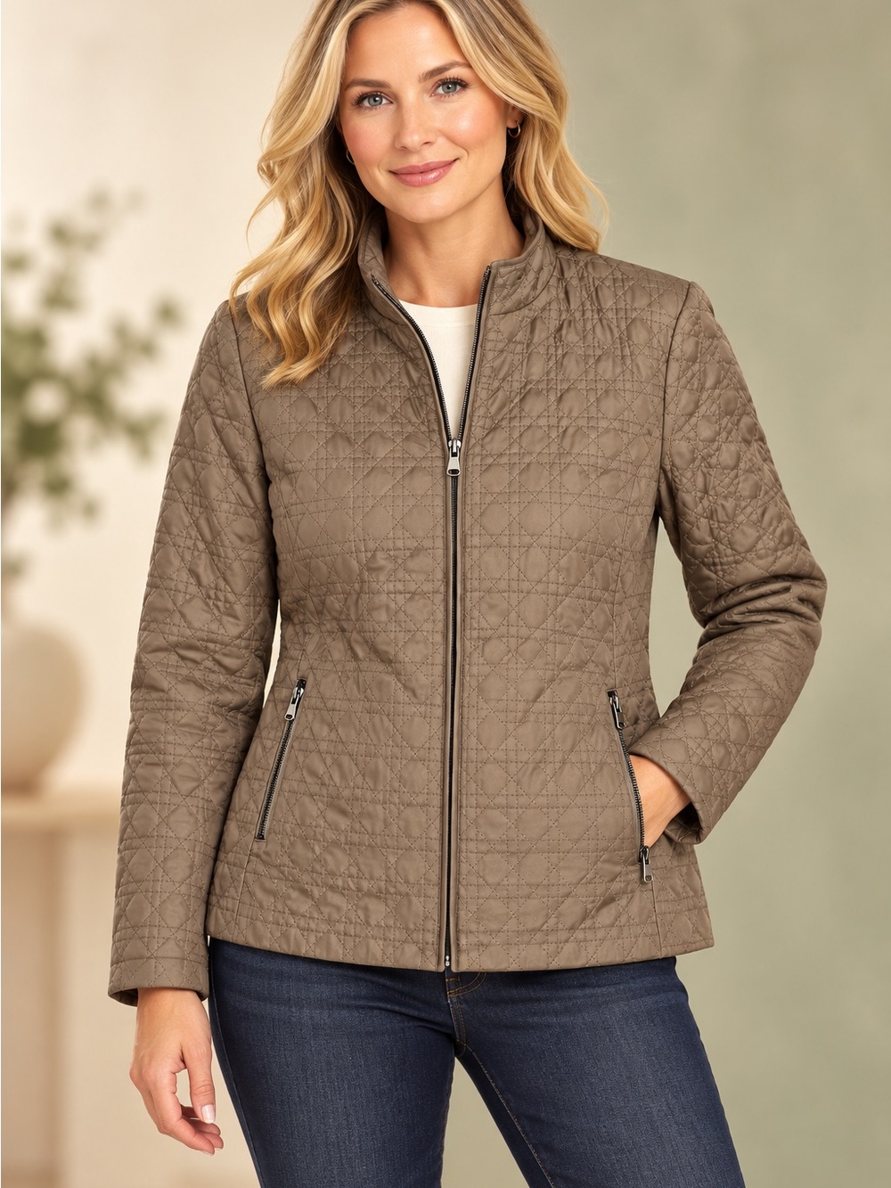 Chico's Quilted Zip-Front Jacket in Taupe Fall Warm Soft
